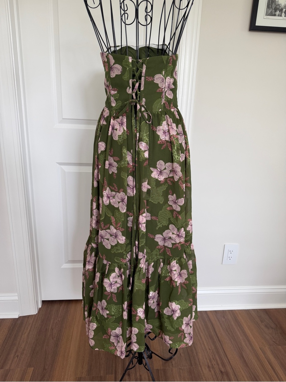 Azazie Olive Green Strapless Maxi Dress with Pink Floral Print - Picture 4 of 6